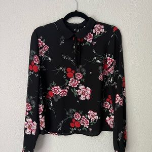 Long Sleeve Peter Pan Collar Japanese Floral H&M Blouse Black